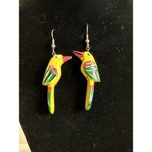 Hand Carved and Painted Yellow Green Parrot Bird  2.5" Pierced Earring Vintage